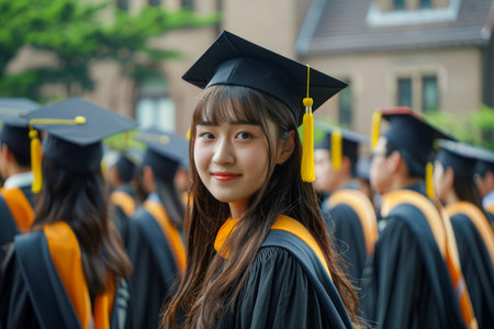 Young Asian Female Graduate Smiling Proudly at Graduation Ceremony Among Peers AI Generativeの素材