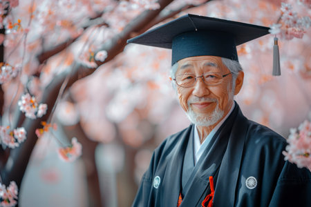 Elderly Asian Scholar in Graduation Gown Smiling Proudly Under Blossoming Cherry Trees AI Generativeの素材