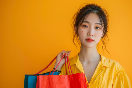 Stylish Young Asian Woman in Yellow Blouse Holding Colorful Shopping Bags Against Orange Background AI Generativeの素材
