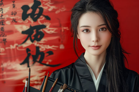 Elegant Asian Woman in Traditional Clothing Posing with Calligraphy Background, Concept of Cultural Heritage and Artistic Portraiture AI Generativeの素材