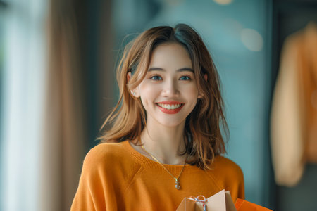 Smiling Young Woman in Orange Sweater Enjoying Shopping, Holding Bags indoors with Blurred Background AI Generativeの素材