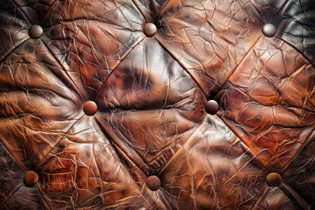 Vintage Brown Leather Upholstery Closeup with Elegant Deep Button Design, Classic Tufted Texture Background AI Generativeの素材