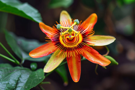 Vibrant Passiflora Flower Close-Up, Exotic Tropical Orange Blossom with Green Leaves Background AI Generativeの素材