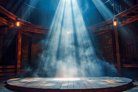 Dramatic Empty Stage with Spotlights in a Traditional Theater, Blue Ray Beams Illuminating Vintage Performance Platform AI Generativeの素材