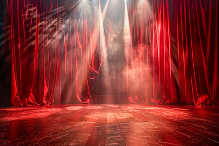 Dramatic Illuminated Empty Theater Stage with Red Curtains and Spotlight for Performing Arts Background AI Generativeの素材