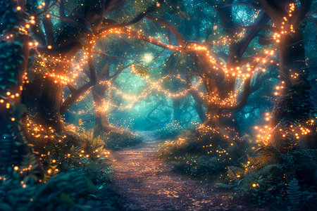 Enchanted Forest Pathway Surrounded by Magical Glowing Lights and Mystical Trees AI Generativeの素材