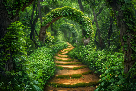 Enchanted Forest Path with Lush Green Archways and Magical Atmosphere AI Generativeの素材