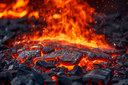 Intense Glowing Embers and Flames in a Charcoal Fire with Sparks Rising into Dark Night AI Generativeの素材