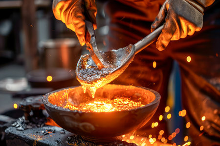 Traditional Blacksmith Pouring Molten Metal with Sparks in Forge Shop - Artisanal Ironwork, Metalworking Craft AI Generativeの素材