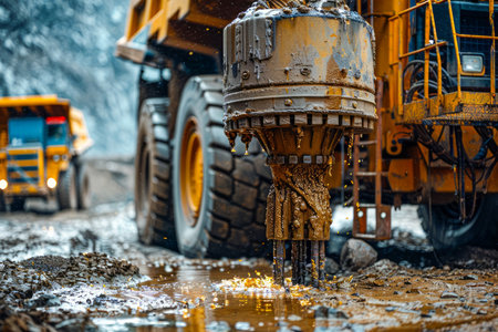 Industrial Construction Site with Focus on Excavator Bucket Among Heavy Machinery in Muddy Terrain AI Generativeの素材