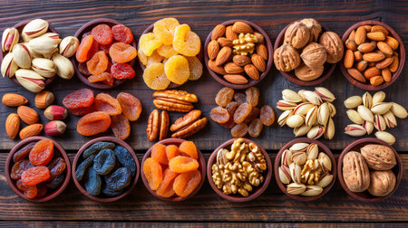Assorted Dried Fruits and Nuts in Wooden Bowls on Dark Table - Healthy Snacking Options, Vegetarian Food Varieties AI Generativeの素材