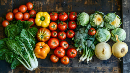 Colorful Assortment of Fresh Organic Vegetables Arranged Neatly on Rustic Wooden Table Background for Healthy Eating AI Generativeの素材