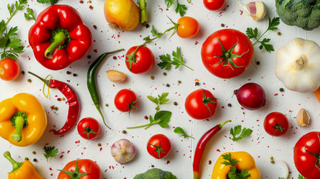 Assorted Fresh Vegetables and Herbs on White Background for Healthy Cooking Concept AI Generativeの素材