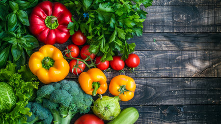 Fresh Organic Vegetables on Rustic Wooden Background Top View - Healthy Eating, Gardening, Nutrition Concept AI Generativeの素材