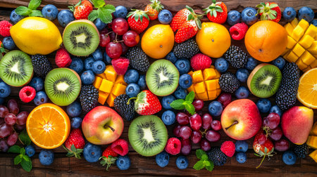 Colorful Assortment of Fresh Fruits Including Berries, Citrus, and Tropical Varieties on Wooden Background AI Generativeの素材