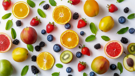 Assorted Fresh Fruits and Berries on White Background - Oranges, Lemons, Apples, Strawberries, Blueberries AI Generativeの素材
