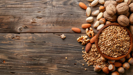 Assorted Nuts and Seeds on Wooden Surface for Healthy Snacking and Cooking Ingredients Top View AI Generativeの素材