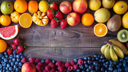 Colorful Assortment of Fresh Fruits and Berries on Rustic Wooden Background - Healthy Eating Concept AI Generativeの素材