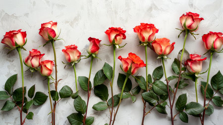 Red and Pink Rose Flowers Lined Up on White Marble Background for Elegant Floral Display AI Generativeの素材