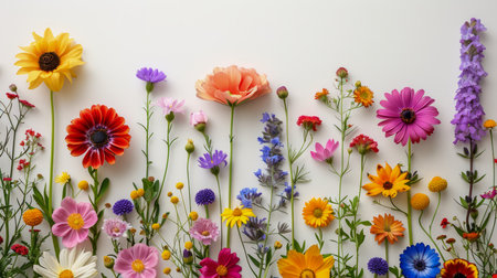Vibrant Assortment of Fresh Spring Flowers Laid Out on White Background for Elegant Floral Design AI Generativeの素材