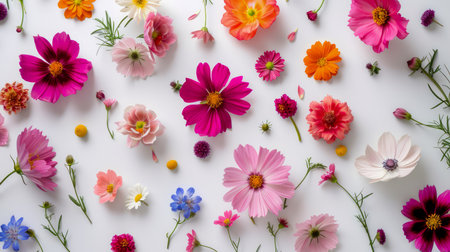 Vibrant Assortment of Fresh Spring Flowers Scatterered on White Background for Elegant Floral Designs AI Generativeの素材
