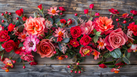 Vibrant Assortment of Fresh Roses and Mixed Flowers on Rustic Wooden Background for Floral Decoration and Spring Celebrations AI Generativeの素材