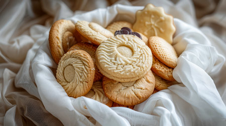 Assorted Delicious Cookies on a Crumpled White Cloth Background, Fresh Homemade Pastry Selection, Sweet Snack Treat AI Generativeの素材
