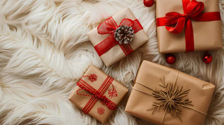 Variety of Wrapped Gifts with Elegant Ribbons and Decorations on a Cozy Faux Fur Background AI Generativeの素材