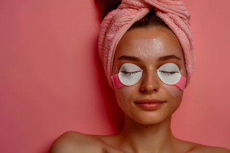 Young Woman with Eye Patches for Skincare Routine on Pink Background, Spa Beauty Treatment Concept AI Generativeの素材
