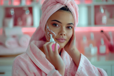 Young Woman in Pink Bathrobe Applying Facial Roller for Skin Care Routine in Soft Pink Bathroom Setting AI Generativeの素材