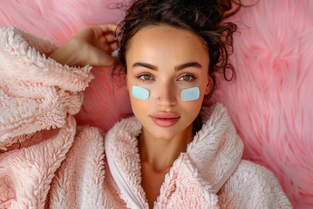 Young Woman with Glowing Skin Relaxing with Under-Eye Patches in Cozy Pink Bedroom AI Generativeの素材
