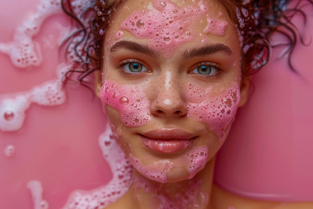 Young Woman with Radiant Skin Covered in Pink Bubbles, Close-up Beauty and Skincare Concept AI Generativeの素材