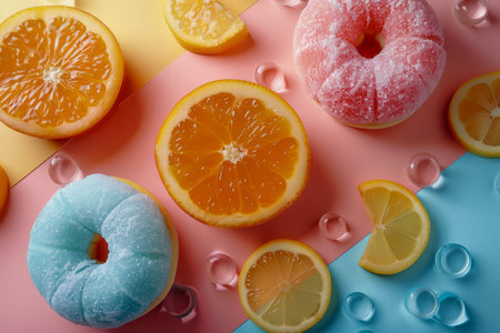 Colorful Citrus Fruits and Glazed Doughnuts Arrangement on Pastel Backdrop with Water Droplets AI Generativeの素材
