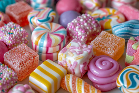 Vibrant Assortment of Various Sugary Confections, Candies, and Sweets in Multiple Colors and Textures AI Generativeの素材