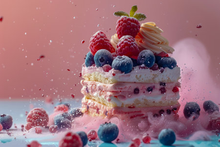 Delectable Multi-layer Berry Cake with Powdered Sugar on Pastel Background AI Generativeの素材