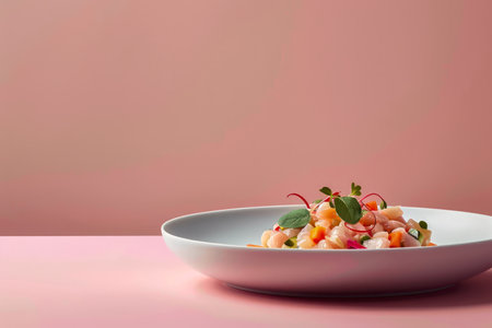 Elegant Presentation of Gourmet Shrimp Salad with Fresh Herbs and Fragrant Seasoning on Pastel Pink Background AI Generativeの素材