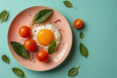 Freshly Cooked Fried Egg with Basil Leaves and Cherry Tomatoes on Pink Plate Against Teal Background AI Generativeの素材