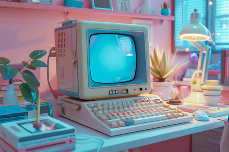 Vintage Computer Setup in Pastel-Pink Room with Retro Vibes, Nostalgic Technology Concept, 80s-90s Aesthetics AI Generativeの素材