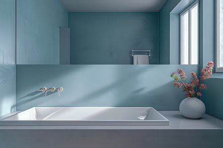 Modern Minimalist Bathroom Interior Design with Natural Light and Elegant Decorations AI Generativeの素材