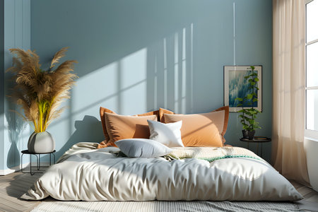 Modern Bedroom Interior with Comfortable Bedding and Stylish Decor in Natural Light AI Generativeの素材