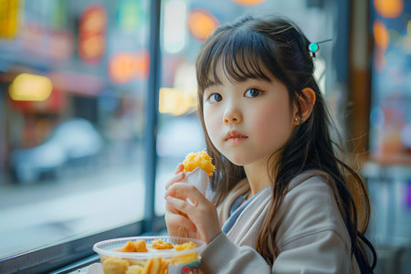 Little Girl Enjoying a Snack in a Cafe Setting with a Thoughtful Expression AI Generativeの素材