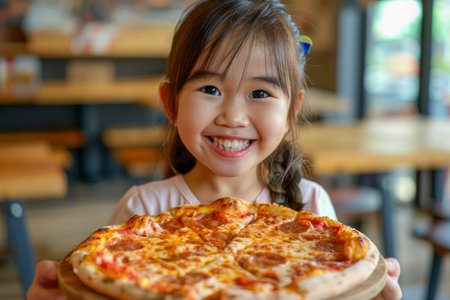 Adorable Young Girl with Bright Smile Offering a Pepperoni Pizza in a Cozy Restaurant Setting, Capturing the Joy of Tasty Food AI Generativeの素材