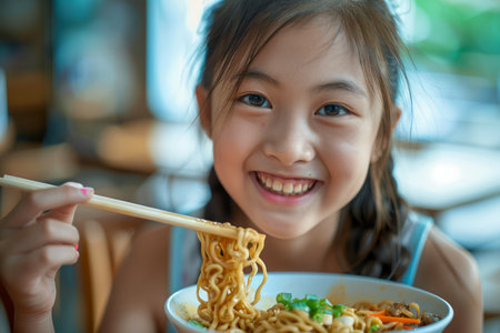 Happy Young Girl Enjoying Delicious Noodles with Chopsticks at a Restaurant - Portrait of Child Eating with a Smile AI Generativeの素材
