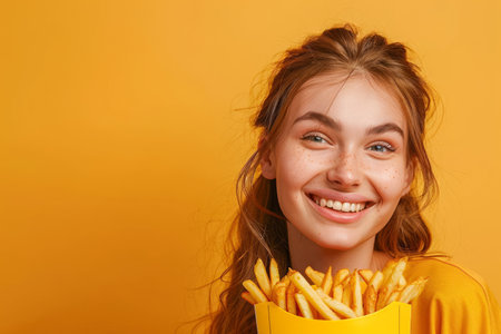Joyful Young Woman in Yellow Top Holding a Large Portion of French Fries Against Warm Orange Background AI Generativeの素材