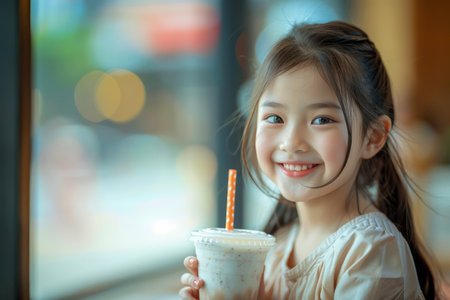 Happy Young Girl Smiling with a Milkshake at a Cafe with Beautiful Bokeh Lights Background AI Generativeの素材