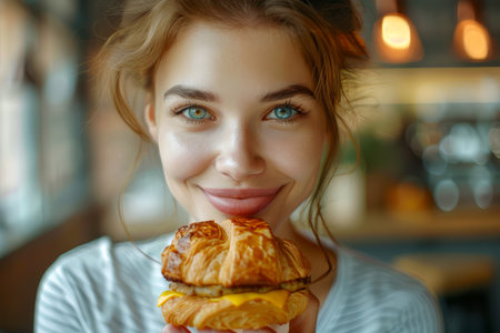 Smiling Young Woman Enjoying Fresh Croissant in Cozy Cafe Environment, Beautiful Female with Pastry AI Generativeの素材