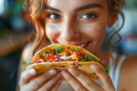 Smiling Young Woman Enjoying a Fresh Mexican Taco at a Local Restaurant - Authentic Street Food Experience AI Generativeの素材