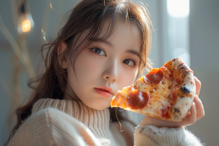 Young Woman Enjoying Fresh Delicious Pizza, Casual Lifestyle, Indoor Cozy Setting with Warm Light AI Generativeの素材