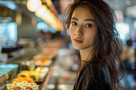 Young Woman Enjoying a Day Out at a Sushi Restaurant, Casual Dining Experience with an Elegant Atmosphere AI Generativeの素材
