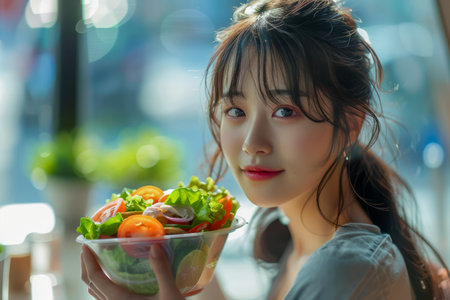 Young Woman Enjoying Fresh Salad in Sunny Cafe Setting, Healthy Lifestyle Concept with Natural Light AI Generativeの素材